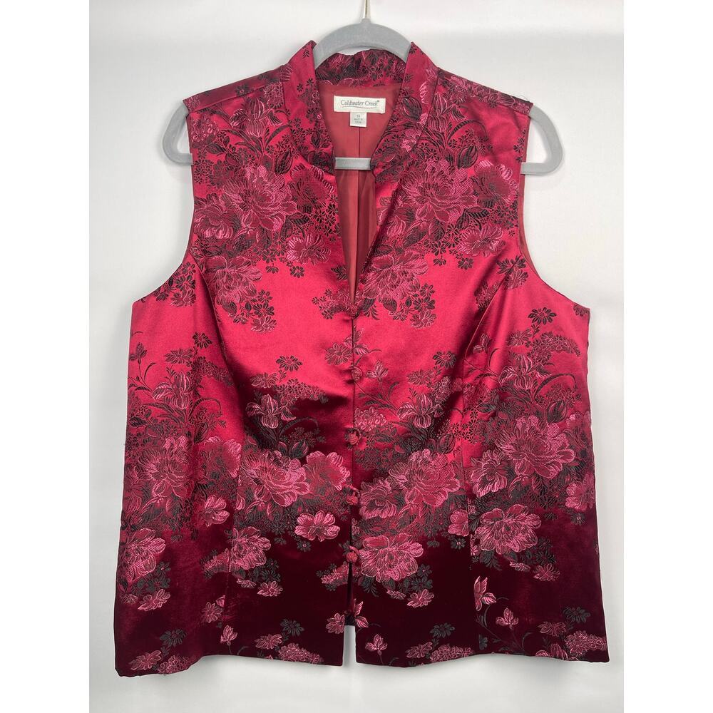 Coldwater Creek 1X Rose Red Floral Brocade Asian-Inspired Vest Jacket​